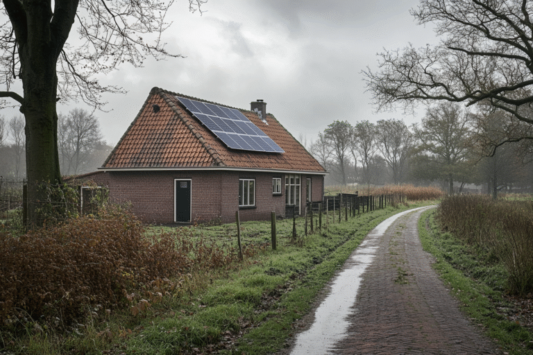 Baksteen boerderij met zonnepanelen op het dak naast een natte klinkerweg