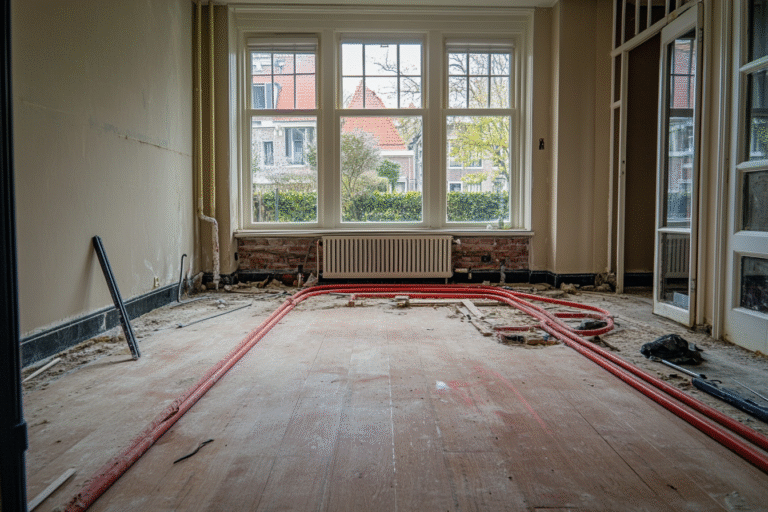 Woonkamer in verbouwing met rode vloerverwarmingsleidingen op een kale houten vloer