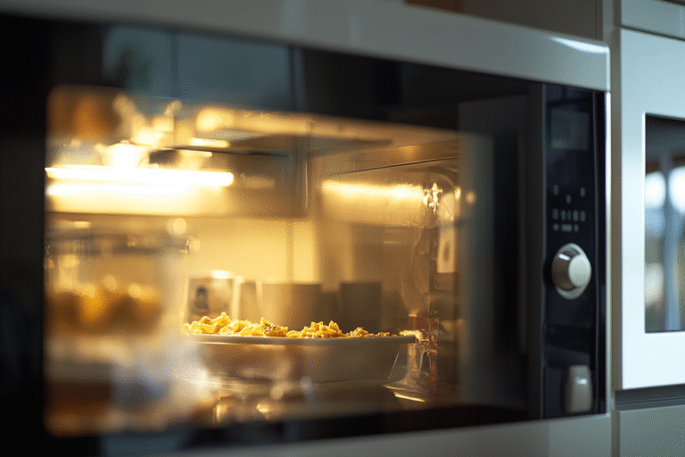 Magnetron met een bord eten erin in een warm verlichte keuken