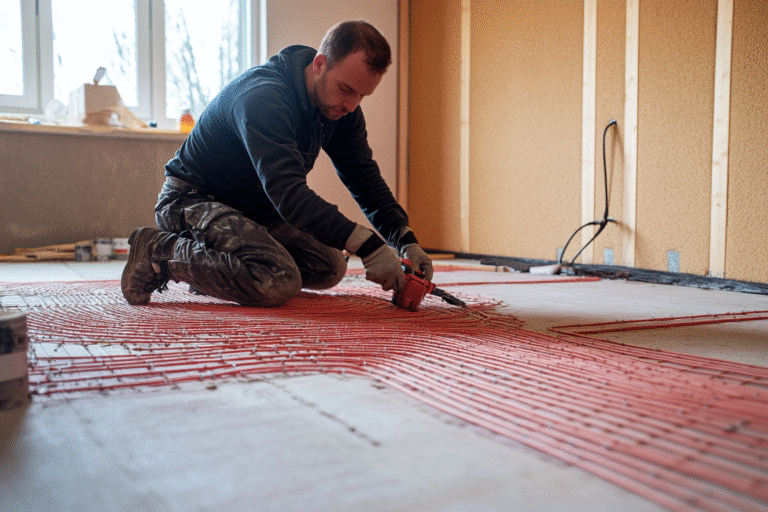 Installateur knielt in een woonkamer en legt rode vloerverwarming aan