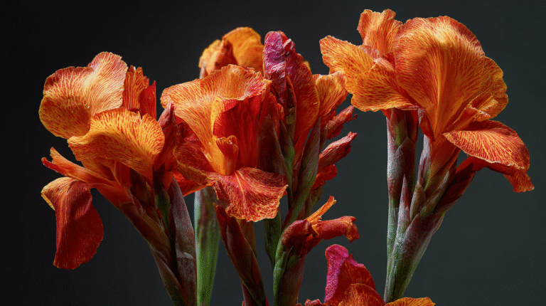 Oranje canna bloemen met rode strepen voor een donkere achtergrond