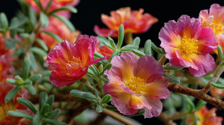 Roze en oranje portulaca bloemen met gele hartjes aan een tak met dikke blaadjes