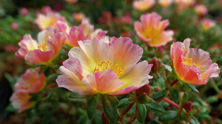 Zachtroze en gele portulaca bloemen met veel knoppen
