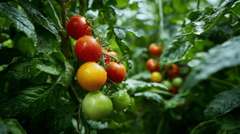 Rijpe rode en gele tomaten en groene tomaten aan de plant tussen natte bladeren