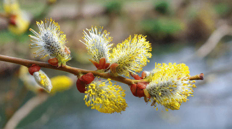 Gele katjes van de salix caprea aan een tak boven het water